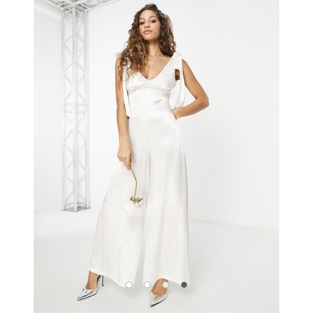 Topshop Bridal Bow Tie Shoulder Palazzo Satin Ivory Wide Leg Jumpsuit NWT Sz 10
